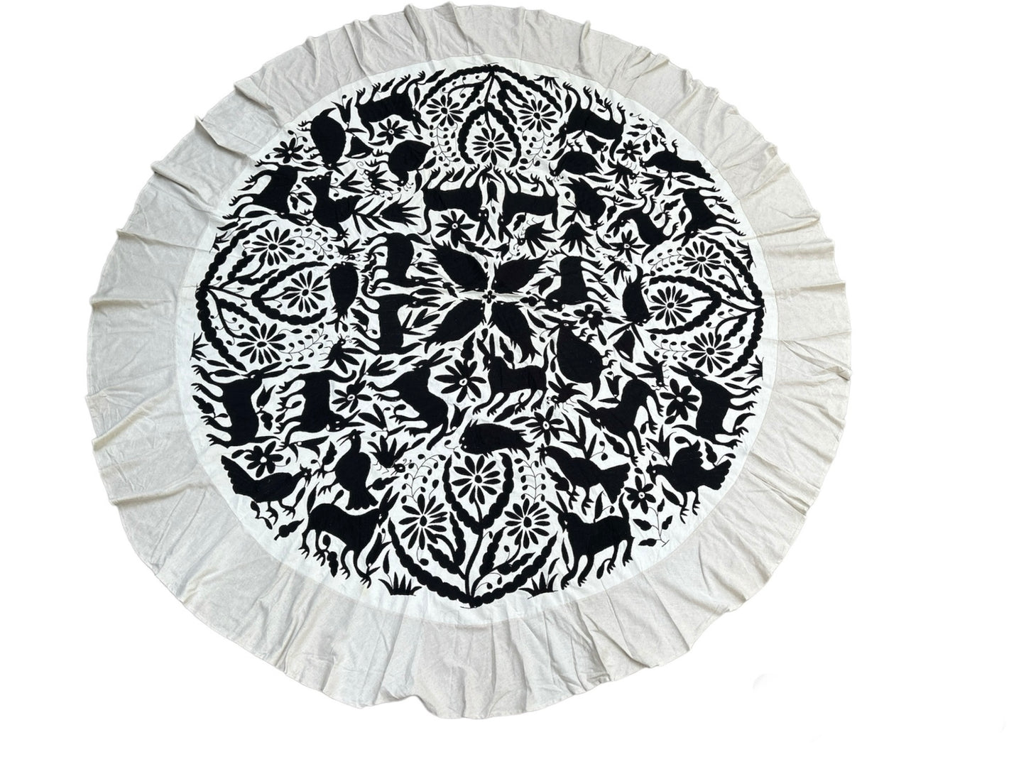 Hand embroidered Otomi round tablecloth -90" | Rainbow or Black embroidery mexican textile | One of a kind | Ready to ship
