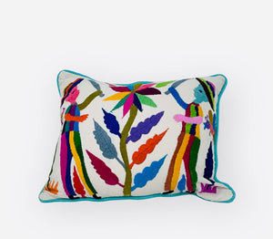 Otomí Hand Embroidered Lumbar Pillow 13"x17" – Rainbow & Ivory | Handmade Mexican Cushion, Boho Home Decor