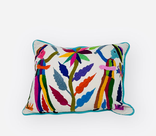 Otomí Hand Embroidered Lumbar Pillow 13"x17" – Rainbow & Ivory | Handmade Mexican Cushion, Boho Home Decor