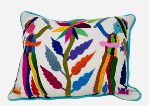 Otomí Hand Embroidered Lumbar Pillow 13"x17" – Rainbow & Ivory | Handmade Mexican Cushion, Boho Home Decor