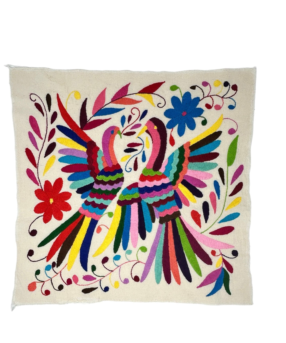 Hand-Embroidered Mexican Wall Art – Rainbow & Ivory 18"x18"