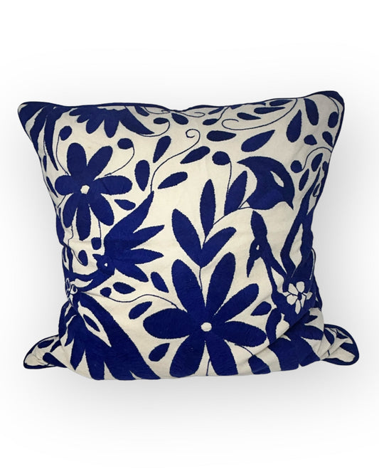 Hand-Embroidered Otomi Pillow Cover – Royal blue & White - Pipping - 22"x22"