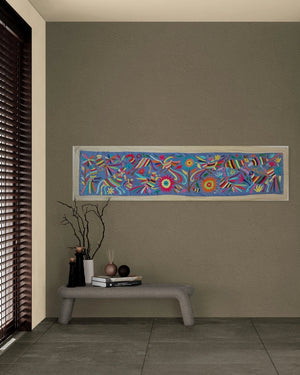 Hand-Embroidered Mexican Runner – Rainbow & blue Decor.  18"x74"