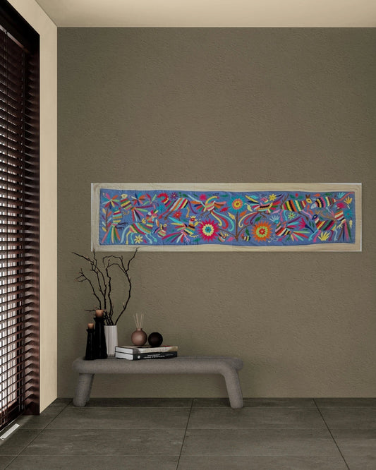 Hand-Embroidered Mexican Runner – Rainbow & blue Decor.  18"x74"