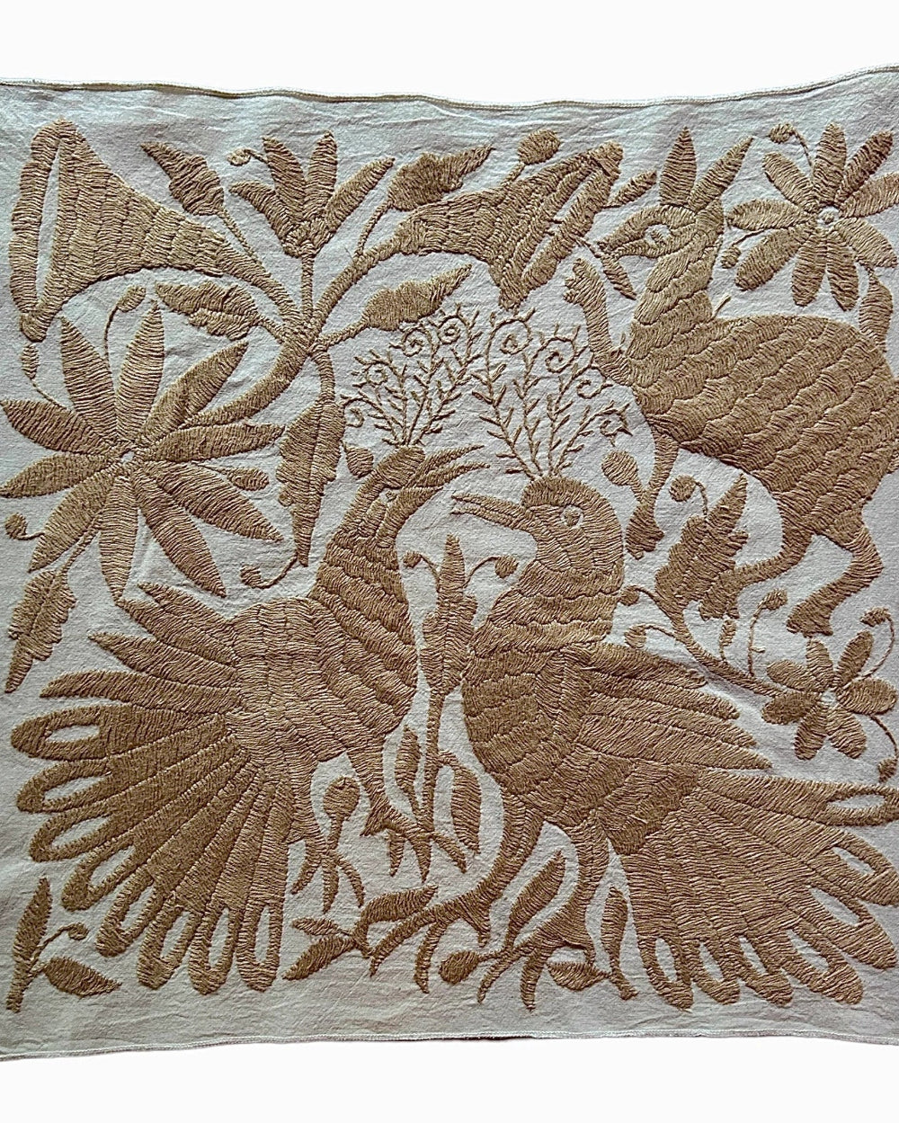 Hand-Embroidered Mexican Wall Art – Tan & Ivory 18"x18"