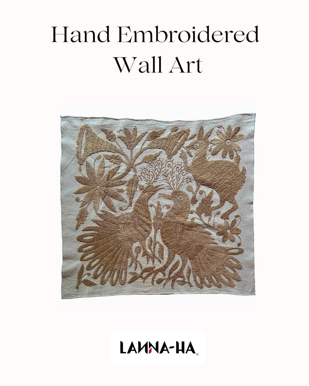 Hand-Embroidered Mexican Wall Art – Tan & Ivory 18"x18"