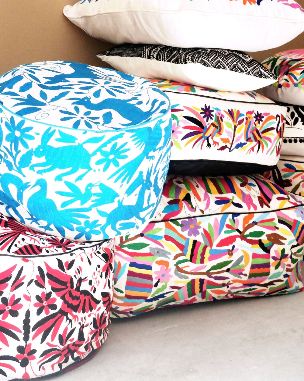 Hand-Embroidered Otomi Pouff– Rainbow & Ivory, Unique Piece 18" X 18"