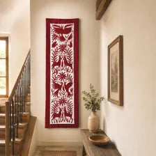 Mexican Table Runner | Large Embroidery | Framed Textiles | Otomi Table Runner | Red Temptation quiet path from Tenango de Doria