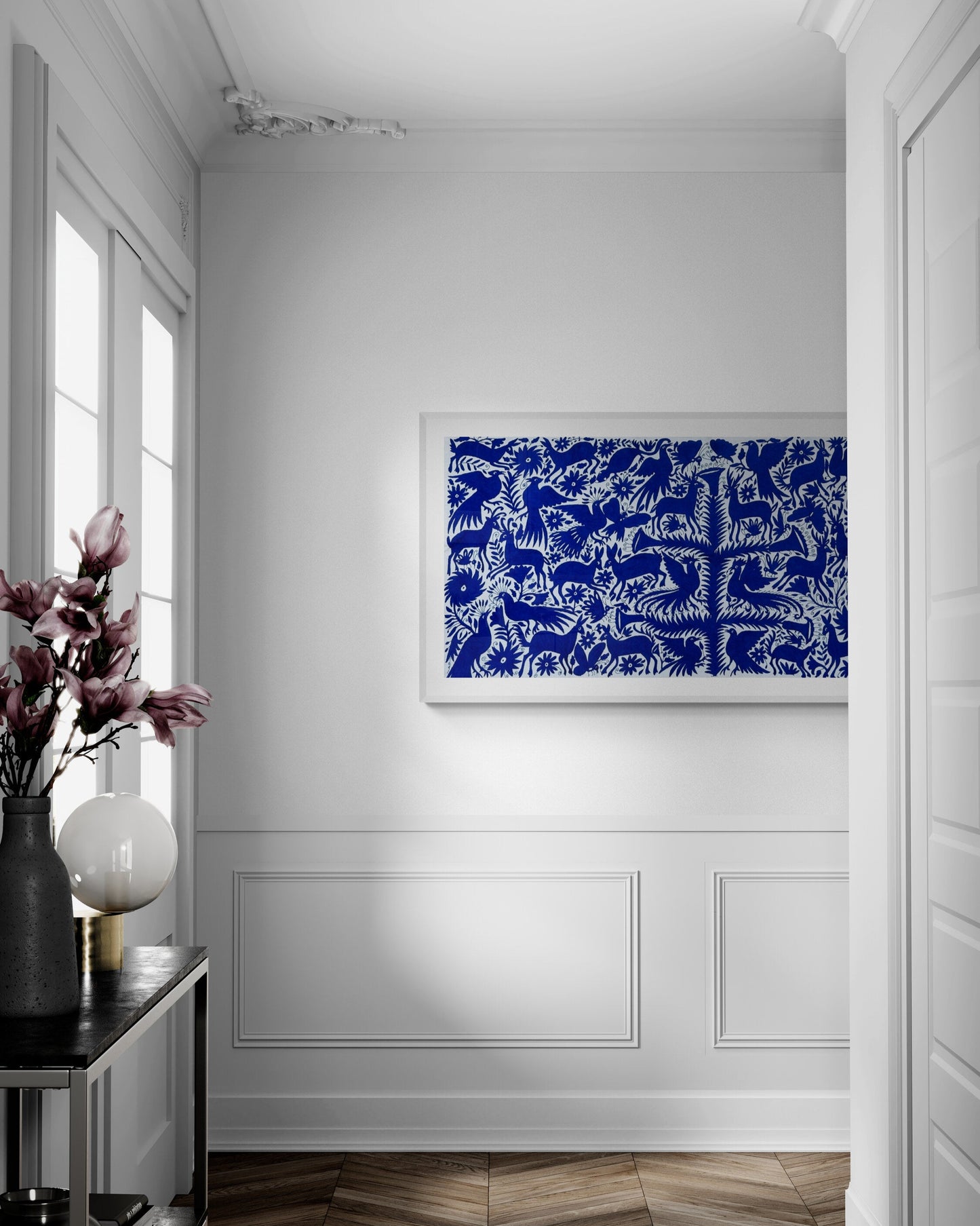 Boho Chic Hand-Embroidered Wall Art – Blue & Ivory Decor.  32" x 72"