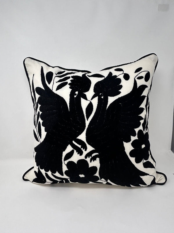 Otomí Embroidered Pillow 18"x18" – Black embroidery & Ivory cotton fabric | Handmade in Mexico