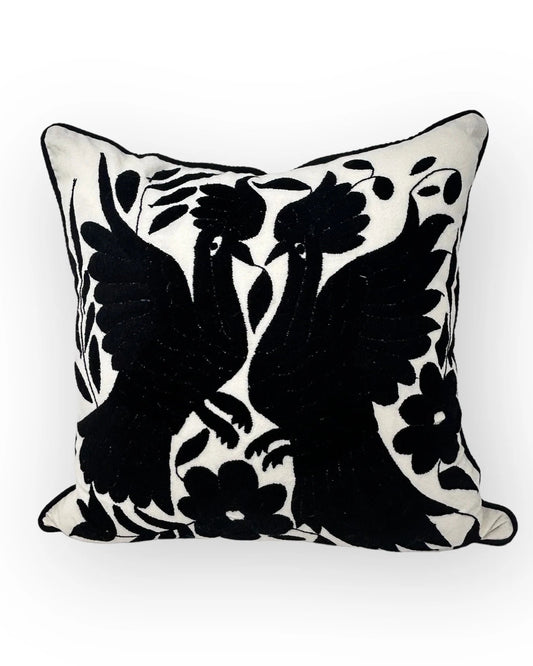 Hand-Embroidered Otomi Pillow Cover – Black & Ivory 18" x 18"