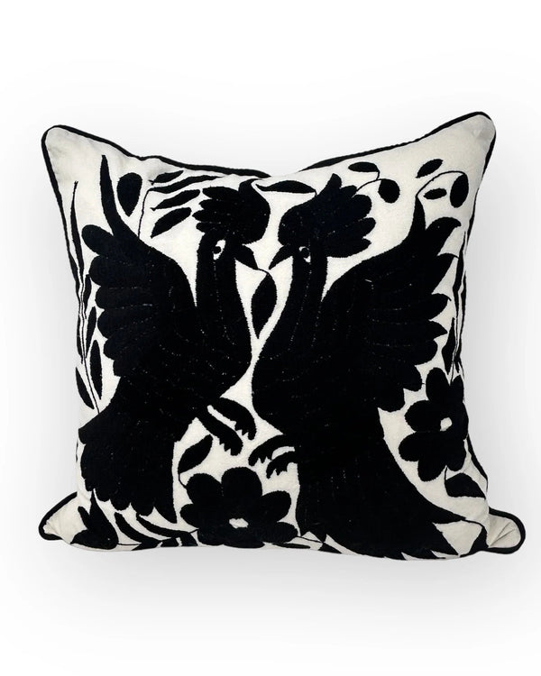 Otomí Embroidered Pillow 18"x18" – Black embroidery & Ivory cotton fabric | Handmade in Mexico