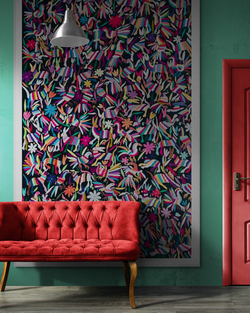 Arte Textil Otomi bordado a mano | Arcoiris Nocturno | Textil Mexicano | Mural con identidad