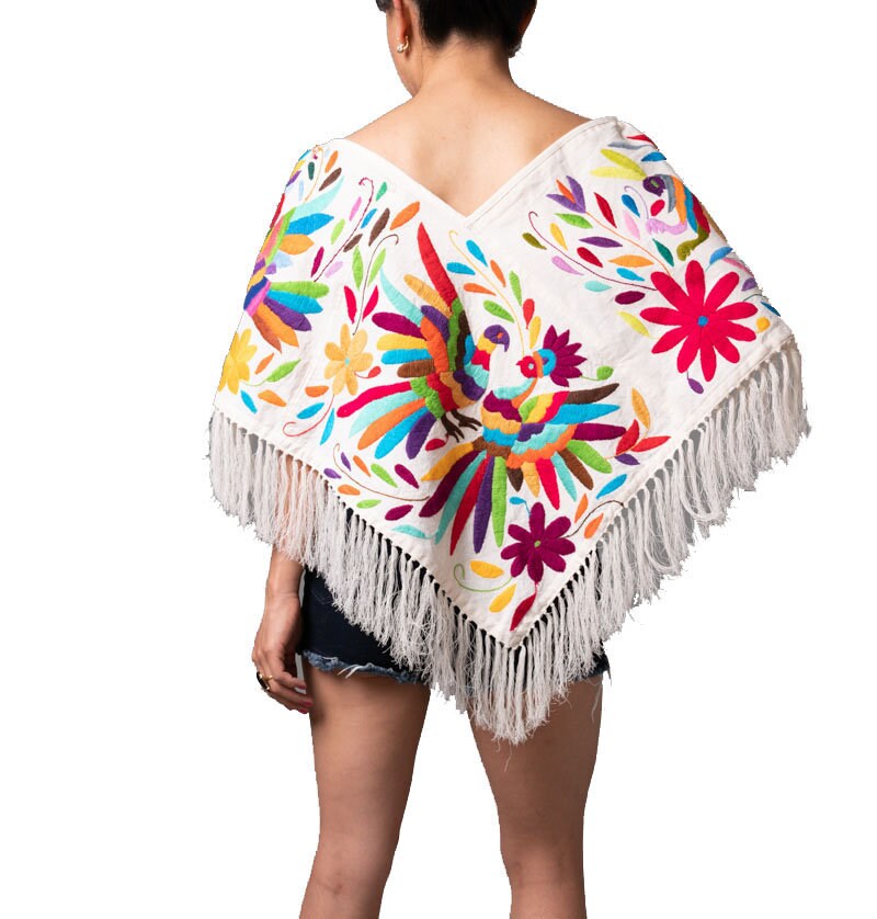 Poncho Capelet | Boho Embroidery | Shawl Poncho | Artistic Clothing | Multicolor & Ivory poncho from Tenango de Doria