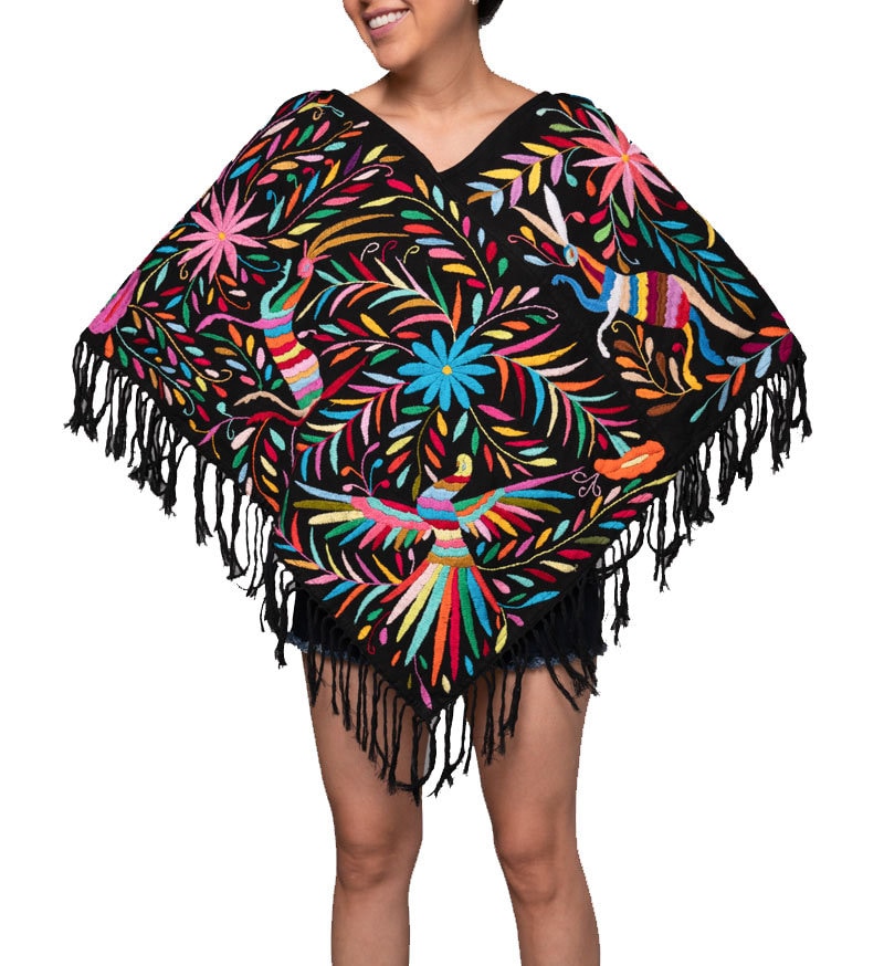 Poncho Capelet | Boho Embroidery | Shawl Poncho | Artistic Clothing | Multicolor & Ivory poncho from Tenango de Doria