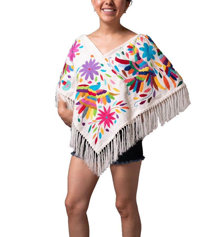 Poncho Capelet | Boho Embroidery | Shawl Poncho | Artistic Clothing | Multicolor & Ivory poncho from Tenango de Doria