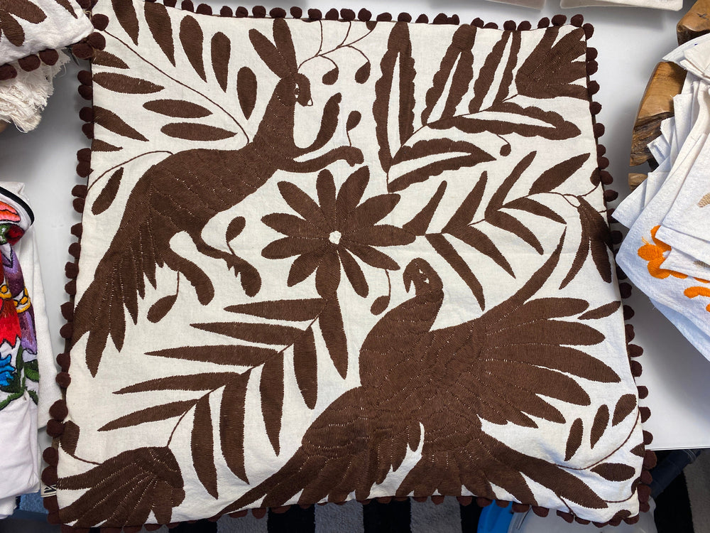 Hand Embroidered Otomi Lumbar Pillow Cover | Mexican Cushion, Insert Included | Brown Dream | Mexican Folk Art Pillow from Tenango de Doria