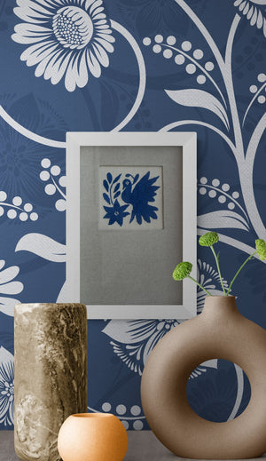 Framed Blue Otomi Emboridery | A collected textile piece for layered walls | One of a Kind | Blue Bird