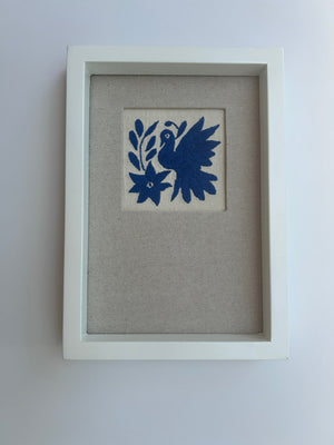 Framed Blue Otomi Emboridery | A collected textile piece for layered walls | One of a Kind | Blue Bird