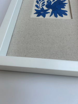 Framed Blue Otomi Emboridery | A collected textile piece for layered walls | One of a Kind | Blue Bird