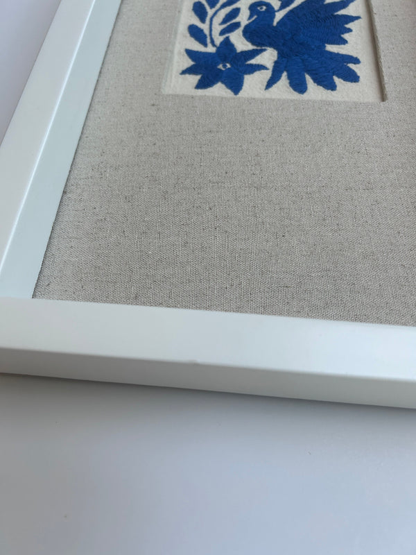 Framed Blue Otomi Emboridery | A collected textile piece for layered walls | One of a Kind | Blue Bird