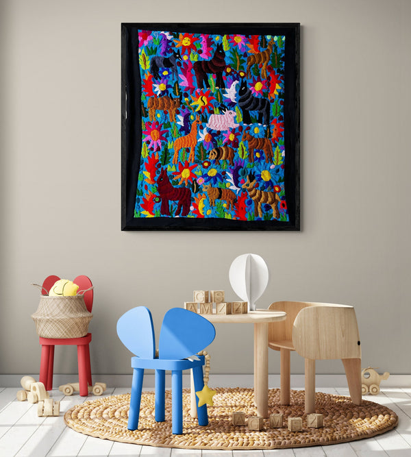 Hand Embroidered Wall Hanging | Mexican Wall Art | Framed Textiles | Black Forest | Mexican Home Decor from San Cristobal de las Casas