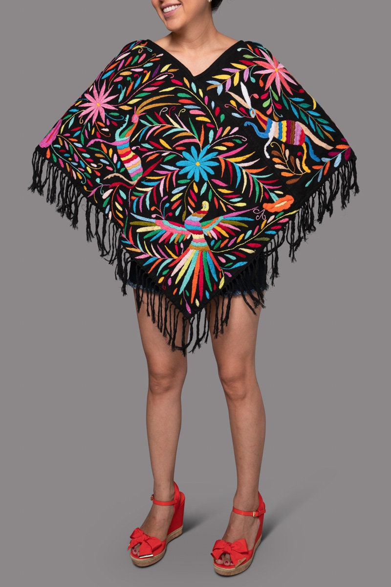 Poncho Capelet | Boho Embroidery | Shawl Poncho | Artistic Clothing | Otomi Multicolor & Blue Tones poncho from Tenango de Doria