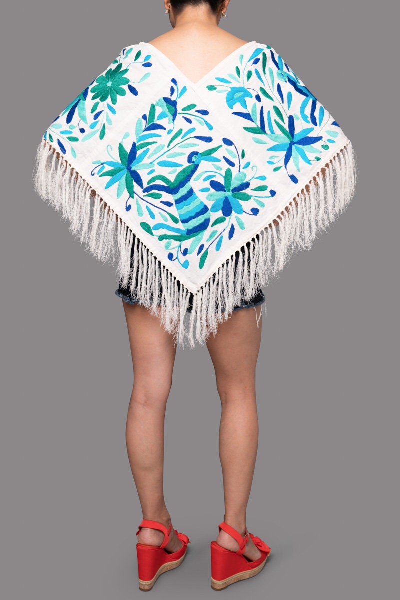 Poncho Capelet | Boho Embroidery | Shawl Poncho | Artistic Clothing | Otomi Multicolor & Blue Tones poncho from Tenango de Doria