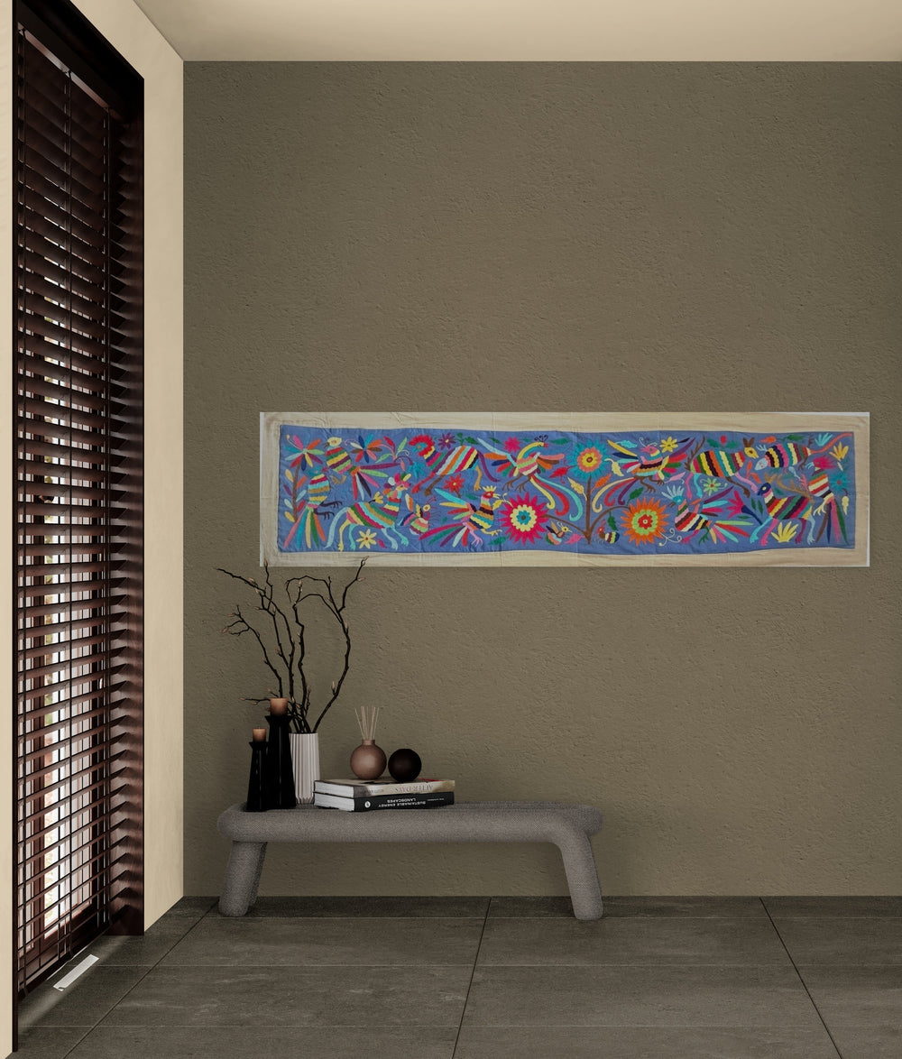 Custom Table Runner | Boho Embroidery | Otomi Rainbow Blue quiet path from Tenango de Doria