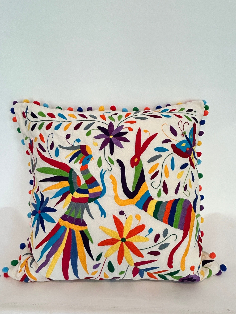 Otomi Embroidery Pillow | Large cushion in Rainbow and pompoms | Unique pieces | Tenango de Doria | Pillow insert included