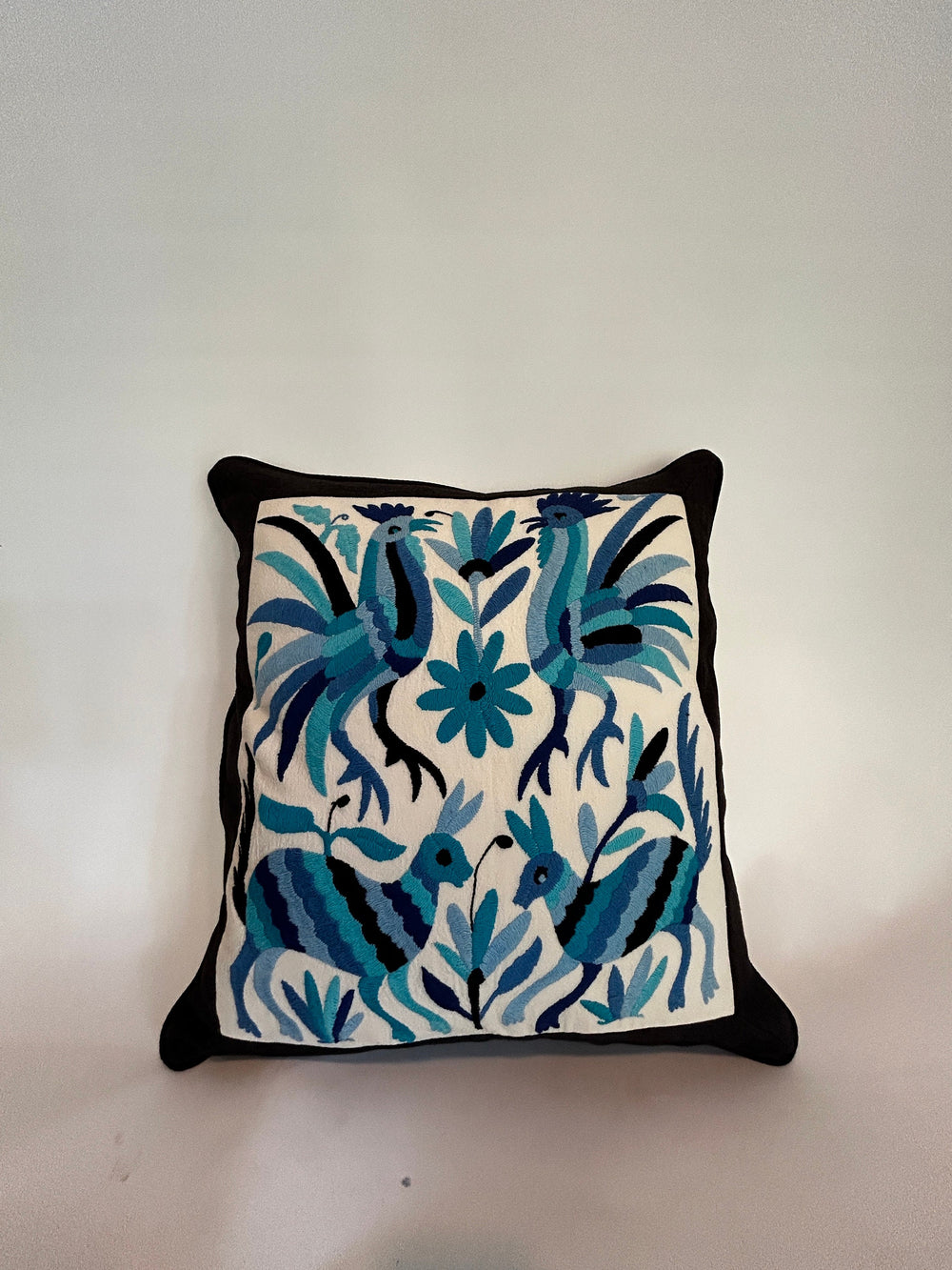 Otomi Hand Embroidered Pillow | Multicolor in Blue tones and linen backing | Handmade in Mexico | Pillow insert included