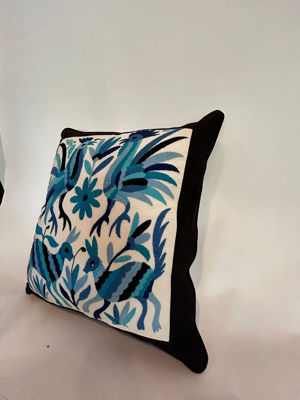 Otomi Hand Embroidered Pillow | Multicolor in Blue tones and linen backing | Handmade in Mexico | Pillow insert included