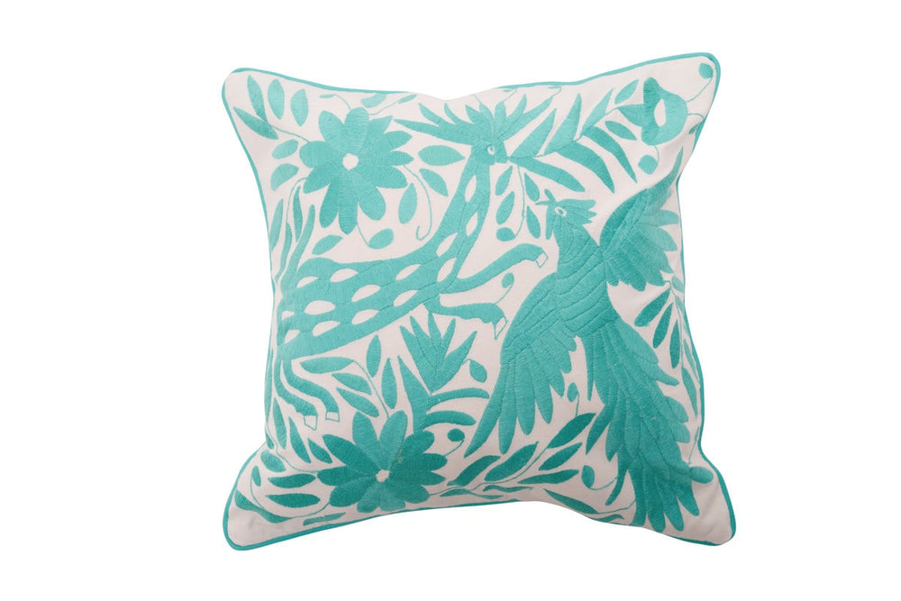 Mexican Folk Art pillow | Boho Embroidery | Otomi Turquoise Dream | Unique accent pillow | Tenango de Doria, insert included