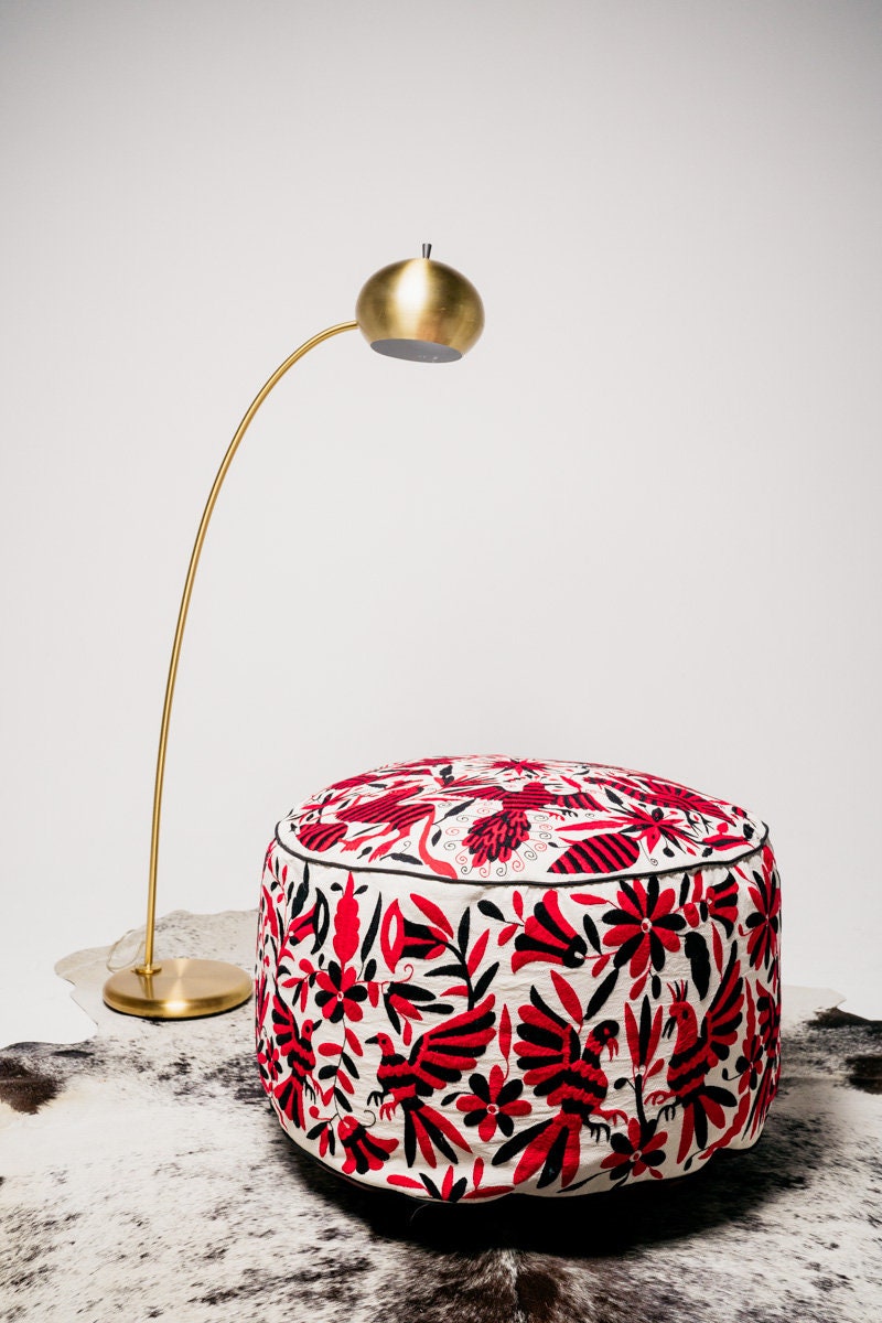 Boho Floor Pouf | Tufted Floor Cushion | Boho Embroidery | Otomi Dark Red Temptation | Round Meditation Pillow from Tenango de Doria