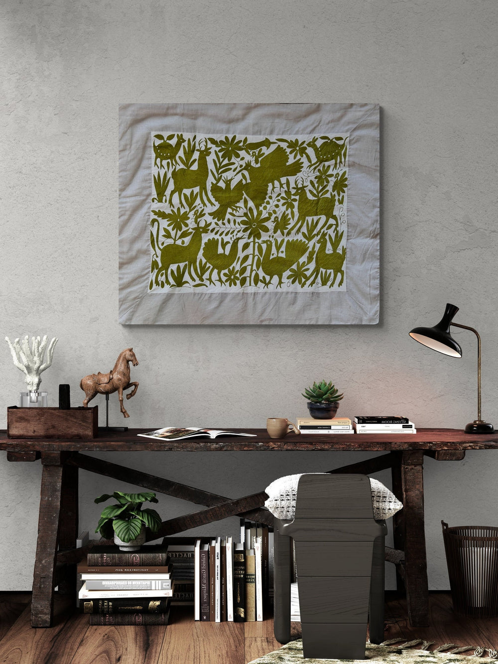 Mexican Tapestry Wall Art | Otomi Embroidery Pattern | Custom Embroidery Art | Otomi Olive green Garden from Tenango de Doria