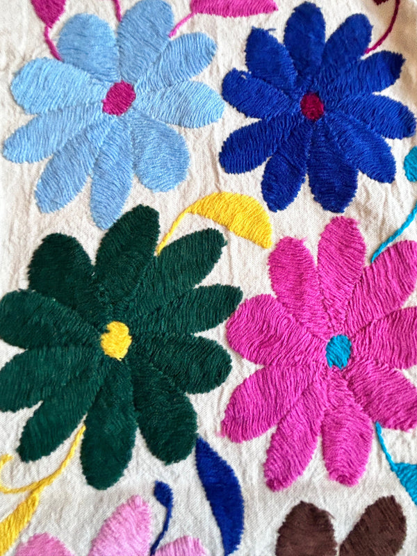 Custom Table Runner | Boho Embroidery | XS Otomi Rainbow Flowers quiet path from Tenango de Doria