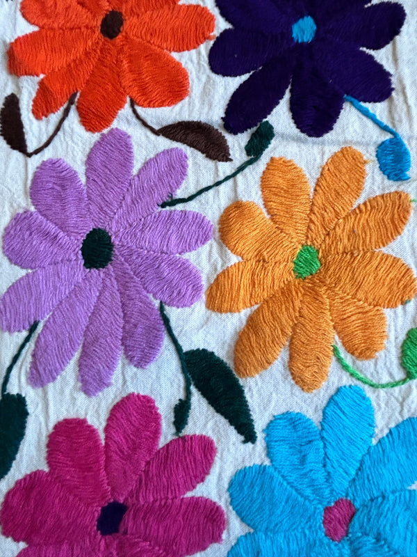 Custom Table Runner | Boho Embroidery | XS Otomi Rainbow Flowers quiet path from Tenango de Doria