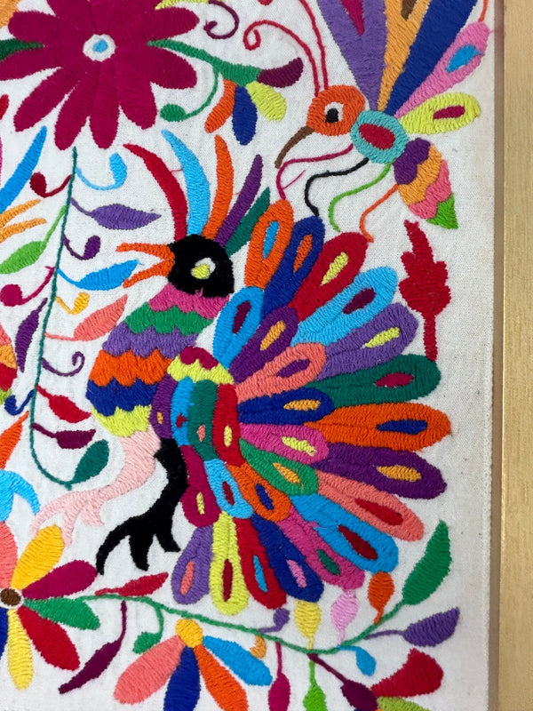 Framed Hand Embroidered Otomi Miniature | Mexican Textile Wall Art | Peacock Romance | Collector Edition | Unique Wall Decor