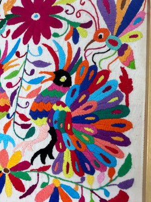 Framed Hand Embroidered Otomi Miniature | Mexican Textile Wall Art | Peacock Romance | Collector Edition | Unique Wall Decor
