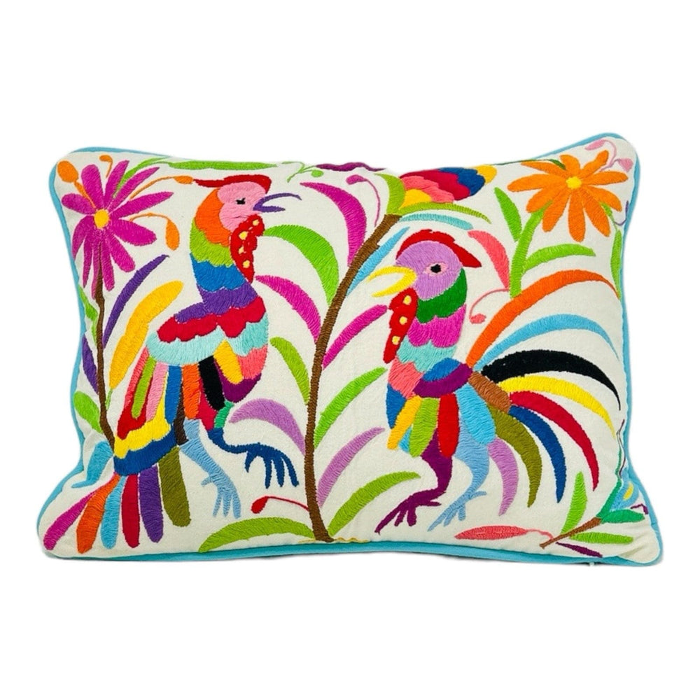 Mexican Folk Art Pillow | Unique Accent Pillow | Boho Embroidery Custom Pillow, insert Included | Small Otomi Roosters from Tenango de Doria
