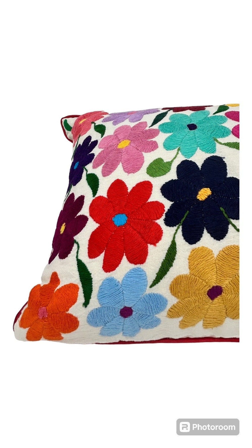Mexican Folk Art Pillow | Boho Emboridery | Mexican Cushion, Insert Included | Otomi Rainbow Flowers from Tenango de Doria