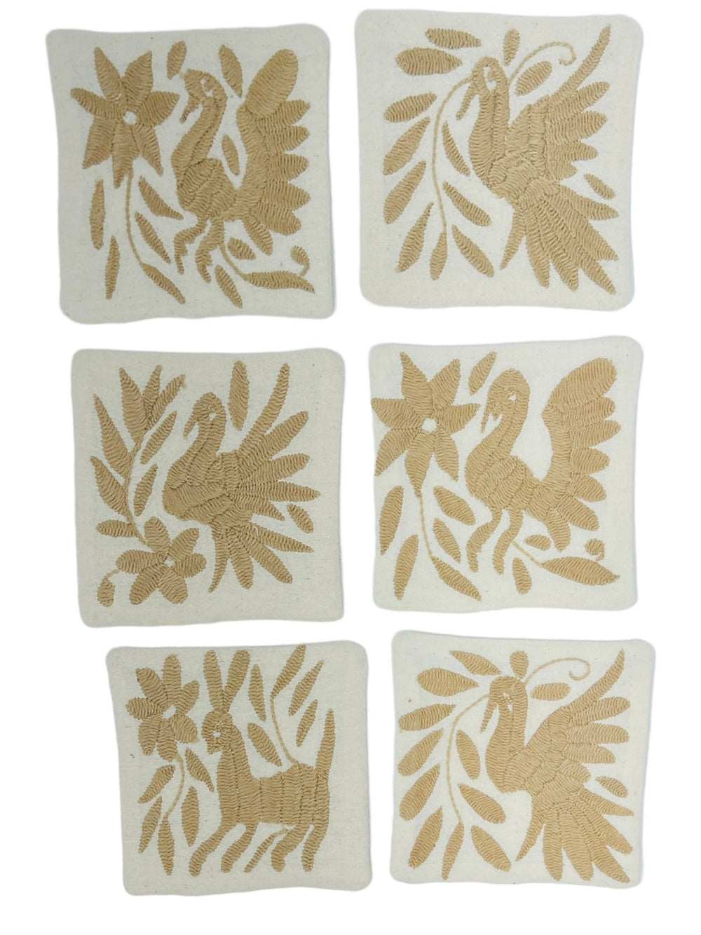 Set of 6 Animal Coasters | Boho Embroidery | Folk Art Mexican | Otomi Tan Craft Coasters from Tenango de Doria | One of a kind