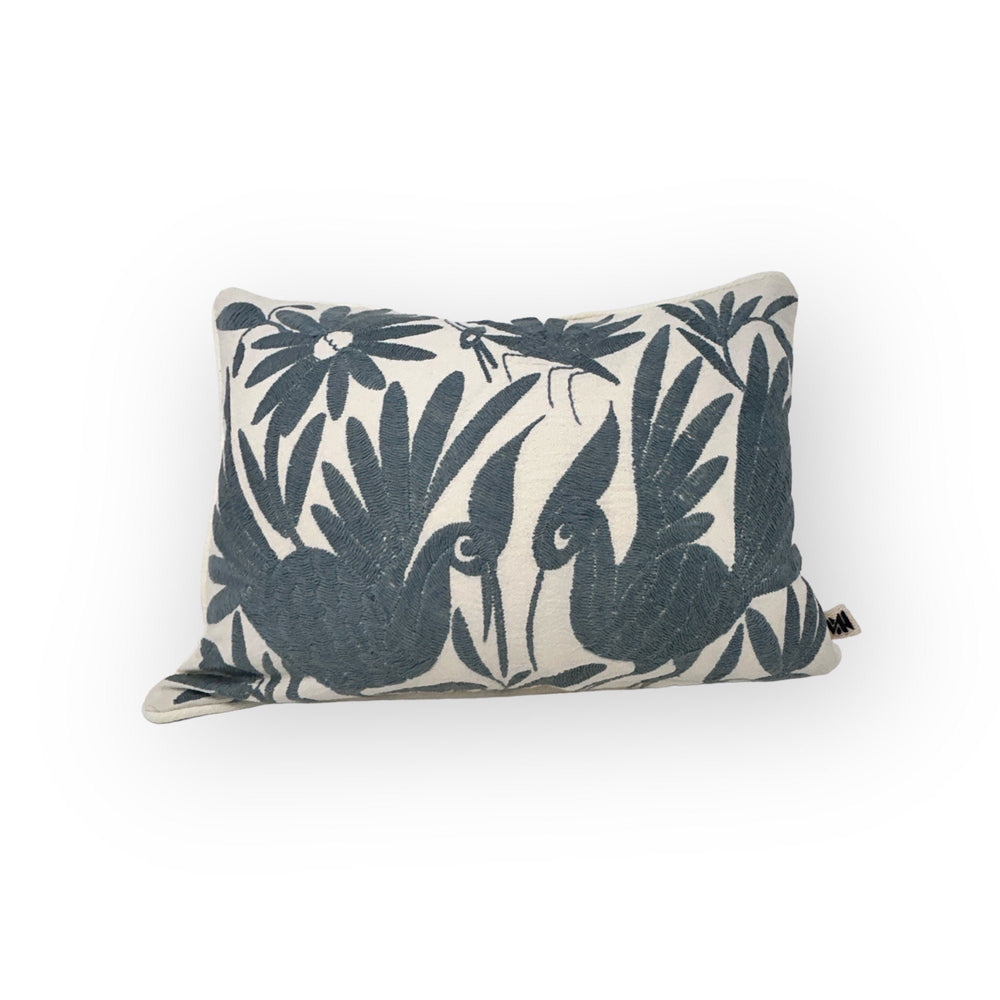 Small Hand Embroidered Otomi Pillow | Mexican Cushion, Insert Included | Grey Dream Parrot | Mexican Folk Art Pillow from Tenango de Doria