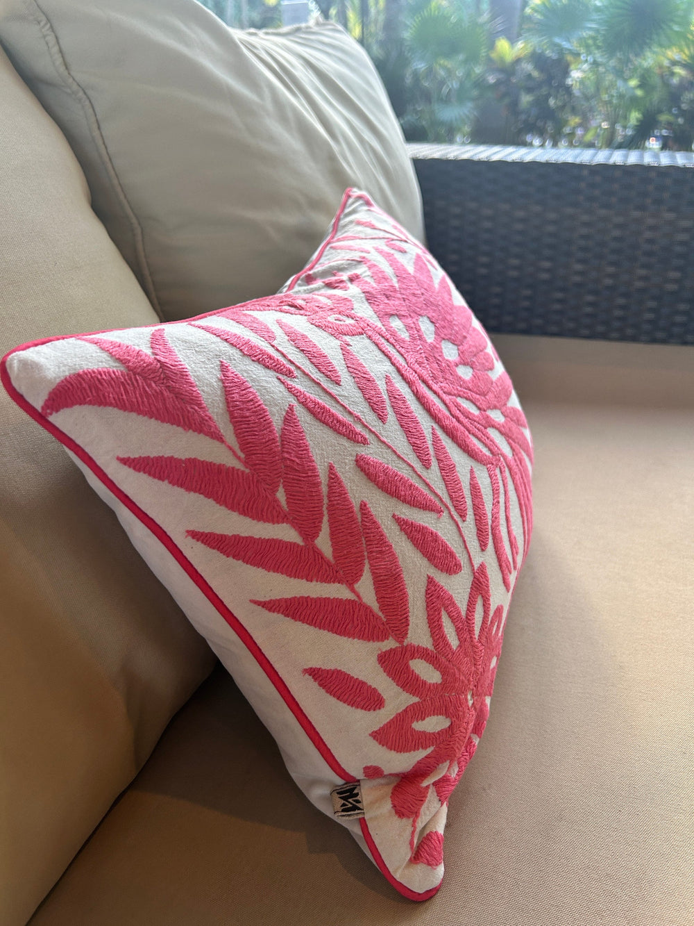 Otomi Embroidery Lumbar Pillow | Petit Salmon Pink Dream | Mexican cushion | Tenango de Doria | Unique pieces | Pillow insert included