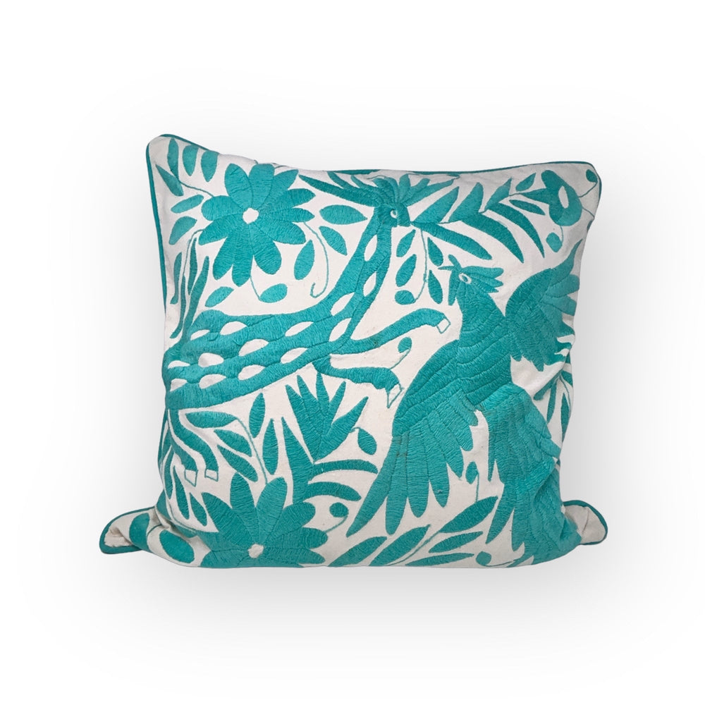 Mexican Folk Art pillow | Boho Embroidery | Otomi Turquoise Dream | Unique accent pillow | Tenango de Doria, insert included
