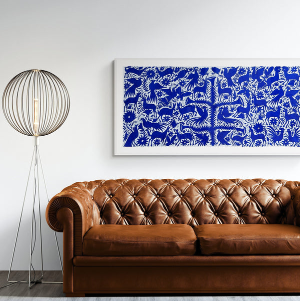 Mexican Tapestry Wall Art | Boho Embroidery | Artistic Framing | Otomi Royal Blue Spectrum from Tenango de Doria