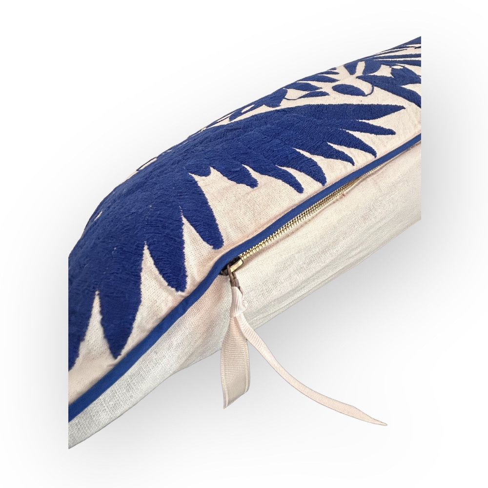 Mexican Folk Art Pillow | Large Lumbar Boho Embroidery | Unique Accent Pillow, insert included | Otomi Royal Blue Dream | Tenango de Doria
