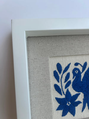 Framed Blue Otomi Emboridery | A collected textile piece for layered walls | One of a Kind | Blue Bird