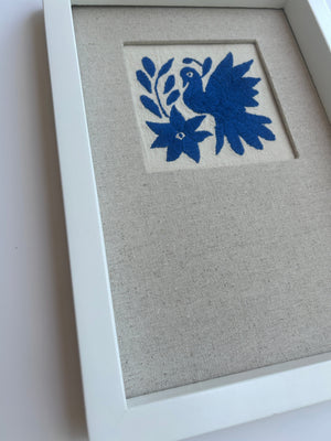 Framed Blue Otomi Emboridery | A collected textile piece for layered walls | One of a Kind | Blue Bird