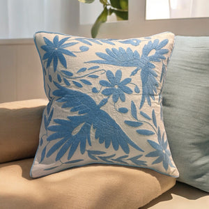 Otomi Embroidery Pillow | Kissing Birds Baby Blue Dream | Hand embroidered Mexican Cushion from Tenango de Doria | Pillow insert included